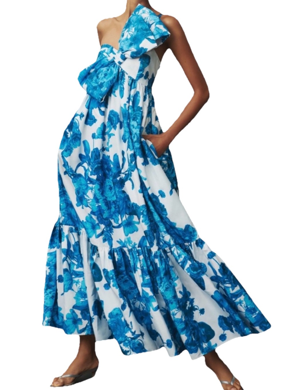 Anthropologie Atsu Sally One-Shoulder Blue Floral bow party Dress size small